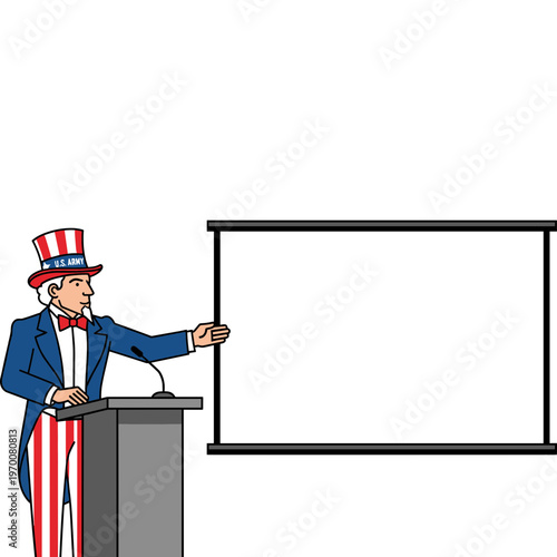 The Uncle Sam character gives a presentation at a podium next to a large screen.