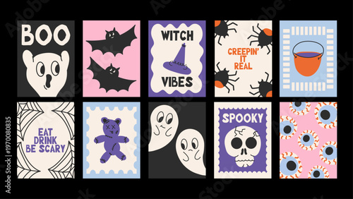 Retro Halloween posters with ghosts, bats, skull and witch elements. 90s groovy aesthetic, minimal colors and fun spooky mood.