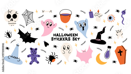Retro Halloween stickers with cute ghosts, skull, bat, witch hat, spiders and potion. Playful 90s groovy style, soft colors and spooky cute vibe.