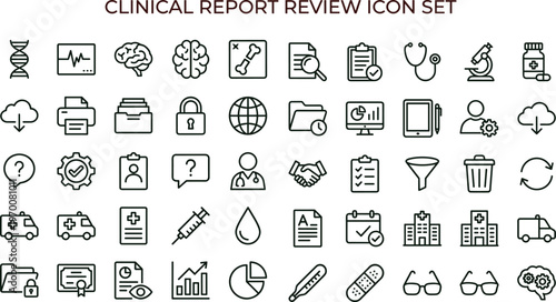 Clinical report review outline icon set with healthcare analytics documentation audit workflow symbols for medical apps dashboards interfaces