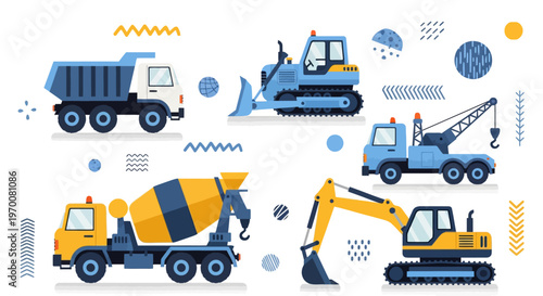 Set of construction vehicles and heavy machinery flat vector illustrations for kids