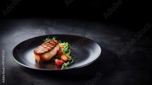 Elegant gourmet dish with artistic plating, delicious meal presentation, fine dining cuisine, professional culinary art, and restaurant-quality gourmet food