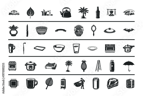 Mixed Object Silhouette Icons Pack Home Appliances Food Nature, and Everyday Items Vector Set