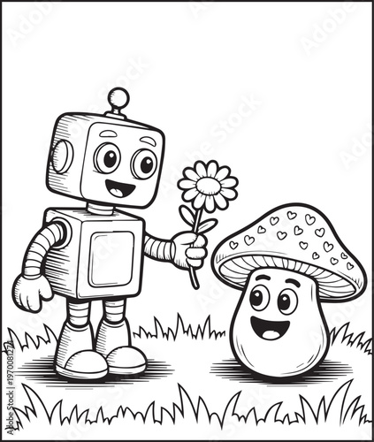 A robot giving a flower to cute mushroom black outline vector illustration coloring page for kids