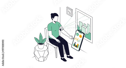 Digital Health Illustration: Person Using Wearable Medical Device and Smartphone App to Monitor Vital Signs and Biometric Data at Home