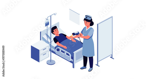 Isometric Hospital Scene Illustration with Nurse Treating Patient in Bed using Medical Scanner