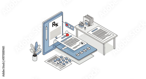Online Pharmacy and Digital Prescription Concept Isometric Illustration with Smartphone, Pills, and Medical Documents