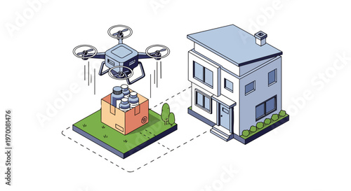 Drone Medicine Delivery Isometric Illustration: Autonomous Quadcopter Delivering Prescription Bottles in a Box to a Residential Home Yard
