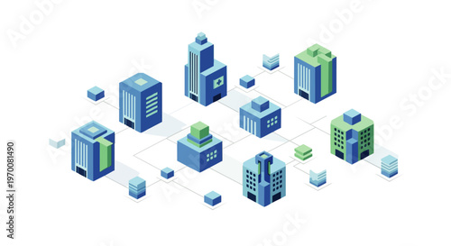 Isometric Smart City Concept Illustration with Connected Buildings, Data Centers, and Network Infrastructure in Blue and Green Tones