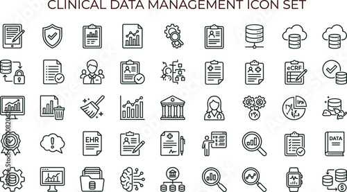 Clinical data management outline icon set with healthcare analytics EHR database monitoring symbols for medical apps dashboards interfaces
