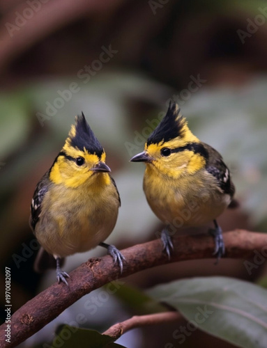 Little bird, yellow-cheeked titmouse,      pair of crested birds perching on branch observing