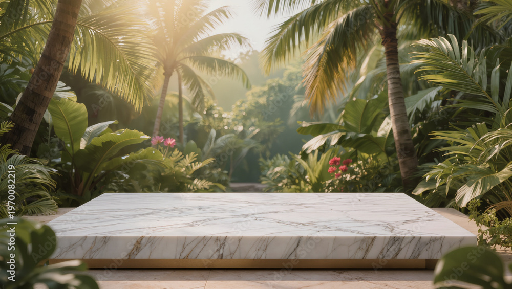 Fototapeta premium Empty Marble Podium Display in Tropical Jungle Sunlight