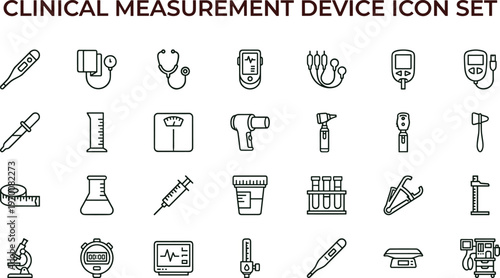 Clinical measurement medical device line icon set for healthcare diagnostics monitoring equipment interface symbols vector applications