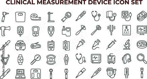 Clinical measurement medical device line icon set for healthcare diagnostics monitoring equipment interface symbols vector hospital applications