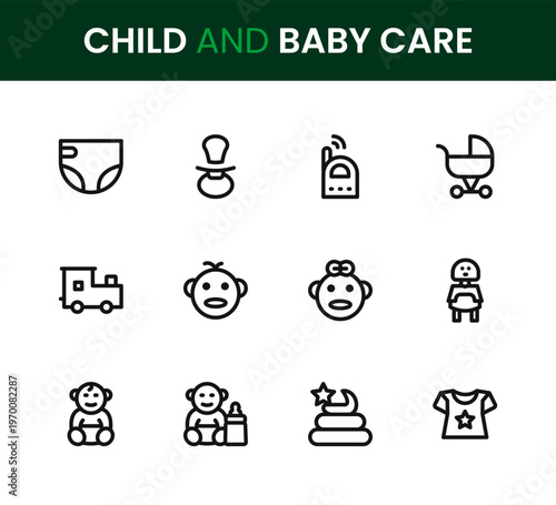 Child and Baby Care icon set. Child and Baby Care professional modern minimal unique line vector icon pack designed with infant care symbols, parenting tools, feeding icons, hygiene