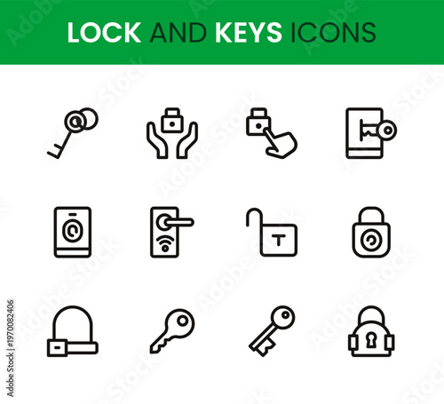Lock and Keys icon set. Lock and Keys professional modern minimal unique line vector icon bundle featuring lock protection symbols, key icons, access control elements, security