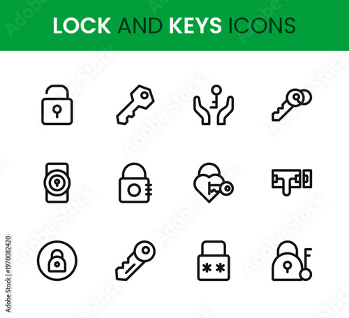 Lock and Keys icon set. Lock and Keys professional modern minimal unique line vector icon pack highlighting lock security symbols, key icons, access control elements, protection