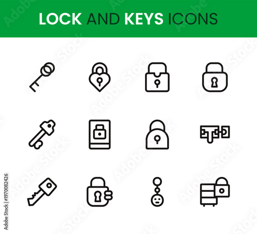Lock and Keys icon set. Lock and Keys professional modern minimal unique line vector icon collection crafted with padlock symbols, key elements, secure access icons, protection