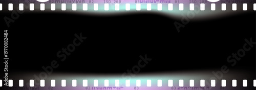 35mm film strip frame with iridescent aurora light leaks. Vintage photographic negative border with holographic light reflections for retro cinematic overlay.
