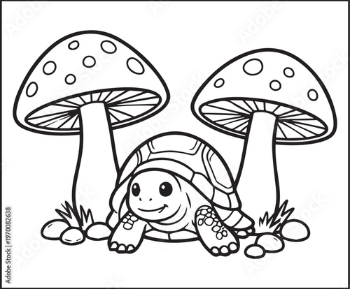 Beautiful two mushroom and tortoise taking rest black outline vector illustration coloring page for kids