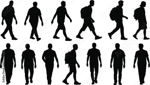 Collection of casual men silhouettes walking with backpacks, male people figures in different poses, isolated vector set for lifestyle, travel, urban, and everyday activity design