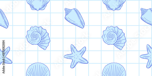 Coastal checkered print with sea shells. Blue colored vintage seamless pattern. Beach themed backdrop. Ocean background.