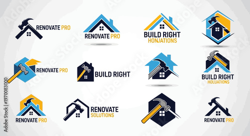 Set of professional home renovation and construction company logo templates with hammers and houses