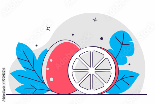 Vibrant vector graphic illustration showcasing a fresh whole citrus fruit alongside a perfectly cut slice with blue leaves, offering a refreshing design element.