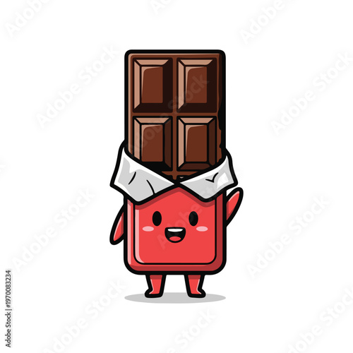Cute cartoon chocolate bar character with a smiling face and waving hand, partially unwrapped from a red foil wrapper showing brown cocoa blocks, isolated on a white background.