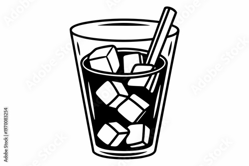 Refreshing vector graphic depicting a chilled drink with floating ice cubes and a drinking straw in a stylish transparent tumbler.