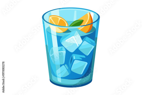 Refreshing vector illustration of a cold drink with ice cubes, citrus slices, and a fresh mint leaf, perfect for summer hydration designs.