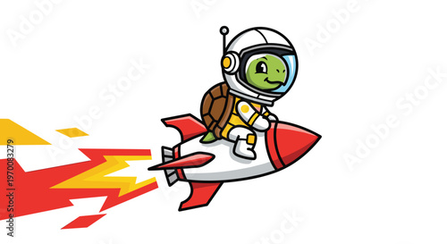 A whimsical green cartoon turtle wearing a detailed white astronaut helmet and suit rides a vibrant red and white rocket through a clean white space.