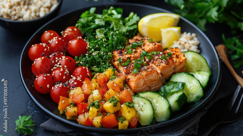 Colorful healthy meal with salmon, vegetables, and fresh herbs
