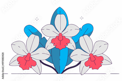Modern vector illustration featuring three elegant white orchid blossoms with vibrant red centers and stylized blue leaves, perfect for fresh botanical graphic designs.
