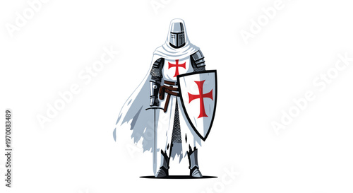 A stoic medieval knight templar stands tall in polished silver plate armor wearing a pristine white surcoat decorated with a bold red cross emblem on white.