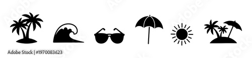 Summer beach icon set, palm tree wave sunglasses umbrella sun silhouettes, tropical vector collection
