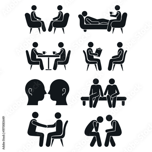 Various black and white icons depicting different therapy and counseling session setups