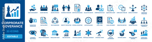 Corporate Governance solid vector glyph icon set with asset management, esg framework, policy enforcement, risk mitigation, and whistleblower warning icons.