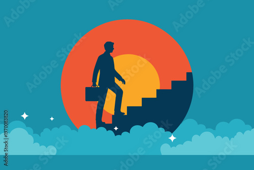 businessman climbing stairs to success in sky