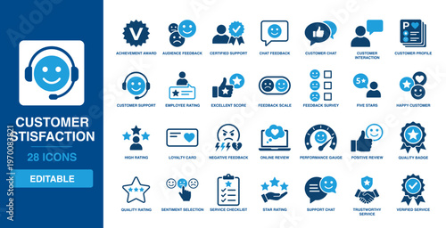 Customer Satisfaction solid vector glyph icon set with audience feedback, five stars, happy customer, quality rating, service checklist, and support chat icons.