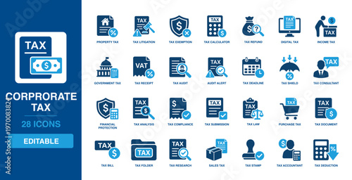 Corporate Tax solid vector glyph icon set featuring income tax, tax audit, financial protection, tax compliance, tax submission, and property tax symbols.