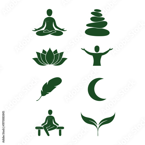 Set of eight minimalist meditation and nature icons on transparent background