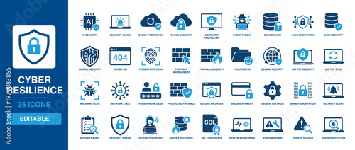 Cyber Resilience solid vector glyph icon set including data security, digital security, firewall management, malware scan, and system monitoring symbols.