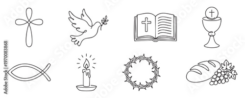 Christian symbols collection in minimal continuous line drawing style