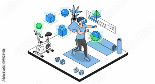 Isometric Illustration of Woman Exercising in Virtual Reality Home Gym with VR Headset and Holographic UI Elements for Metaverse Fitness and Gamified Workout Concepts