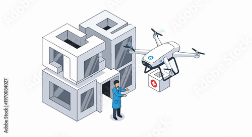 Medical Drone Delivery Concept: Isometric Illustration of an Unmanned Aerial Vehicle Delivering First Aid Supplies to a Doctor at a Hospital