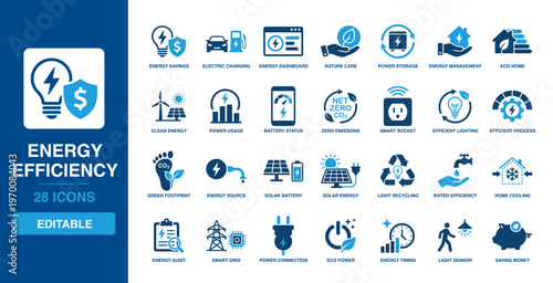 Energy Efficiency solid vector glyph icon set with electric charging, power storage, clean energy, zero emissions, smart socket, solar energy, and energy audit icons.