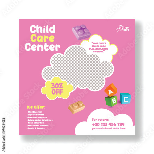 Modern Childcare Center Promotional Social Media Template for Safe Kids Care Services, Editable Square Flyer Banner Ad Design for Daycare Babysitter Marketing and Advertising Campaign