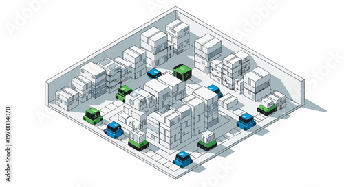 Isometric 3D Illustration of an Automated Smart Warehouse with Robots Moving Packages and Boxes for Logistics and E-commerce Fulfillment