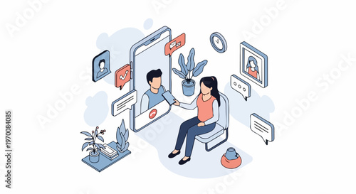 Modern Isometric Video Call Illustration with Woman Talking to Man on Smartphone Screen for Remote Work and Digital Communication Concepts